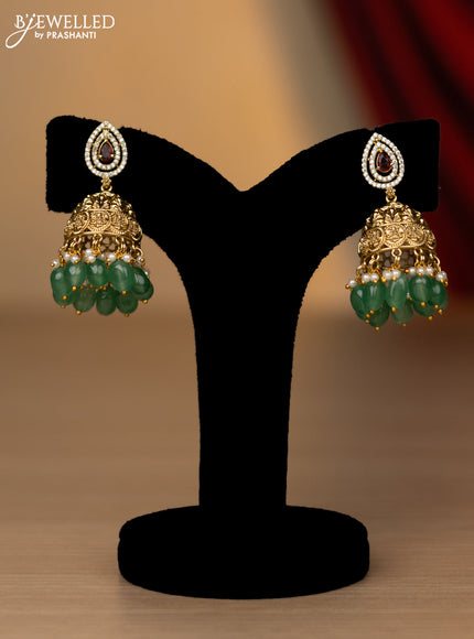 Antique necklace lakshmi kasu design with kemp & cz stones and pearl & green beads hanging