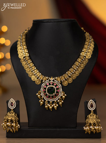 Antique necklace lakshmi kasu design with kemp & cz stones and pearl & golden beads hanging