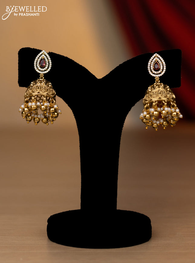 Antique necklace lakshmi kasu design with kemp & cz stones and pearl & golden beads hanging