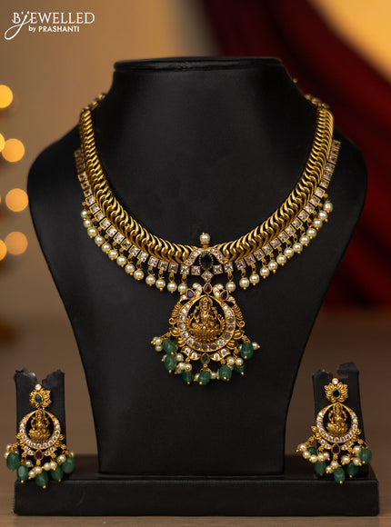 Antique necklace lakshmi design with kemp & cz stones and pearl & green beads hanging