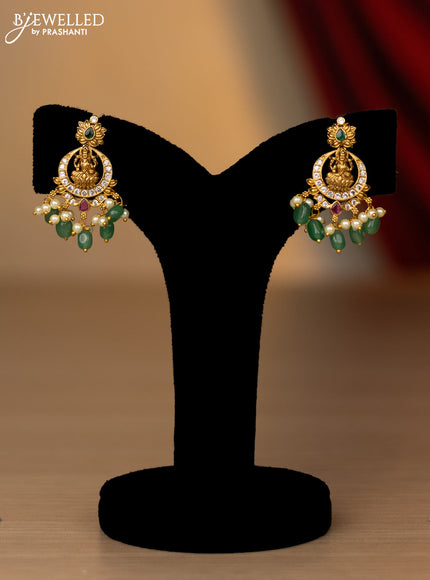 Antique necklace lakshmi design with kemp & cz stones and pearl & green beads hanging