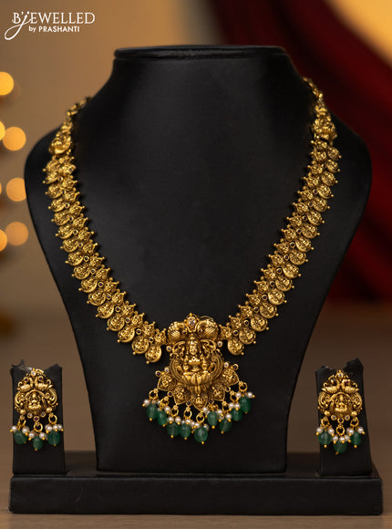 Antique necklace lakshmi kasu design with kemp & cz stones and pearl & green beads hanging