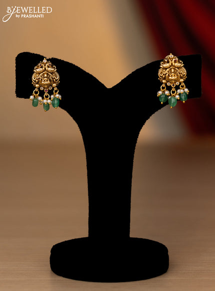 Antique necklace lakshmi kasu design with kemp & cz stones and pearl & green beads hanging