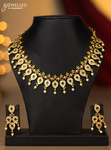 Antique necklace manga pattern with kemp & cz stones and pearl hangings