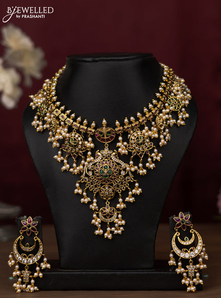 Antique guttapusalu Necklace double peacock design with kemp stones and pearl hangings