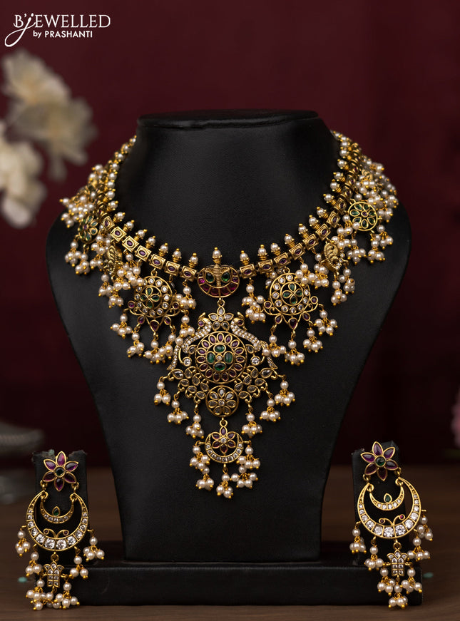 Antique guttapusalu Necklace double peacock design with kemp stones and pearl hangings