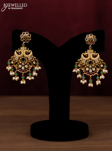 Antique guttapusalu Necklace double peacock design with kemp,cz stones and pearl and beads hangings