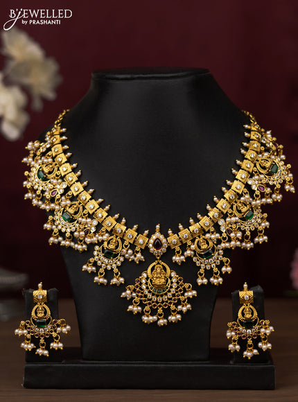Antique guttapusalu Necklace lakshmi design with kemp,cz stones and pearl hangings