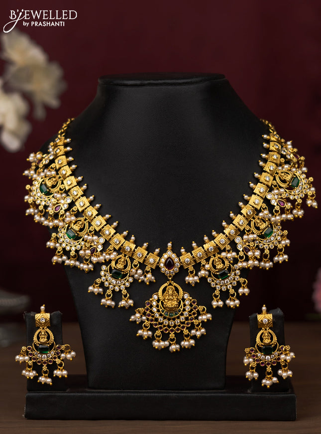 Antique guttapusalu Necklace lakshmi design with kemp,cz stones and pearl hangings