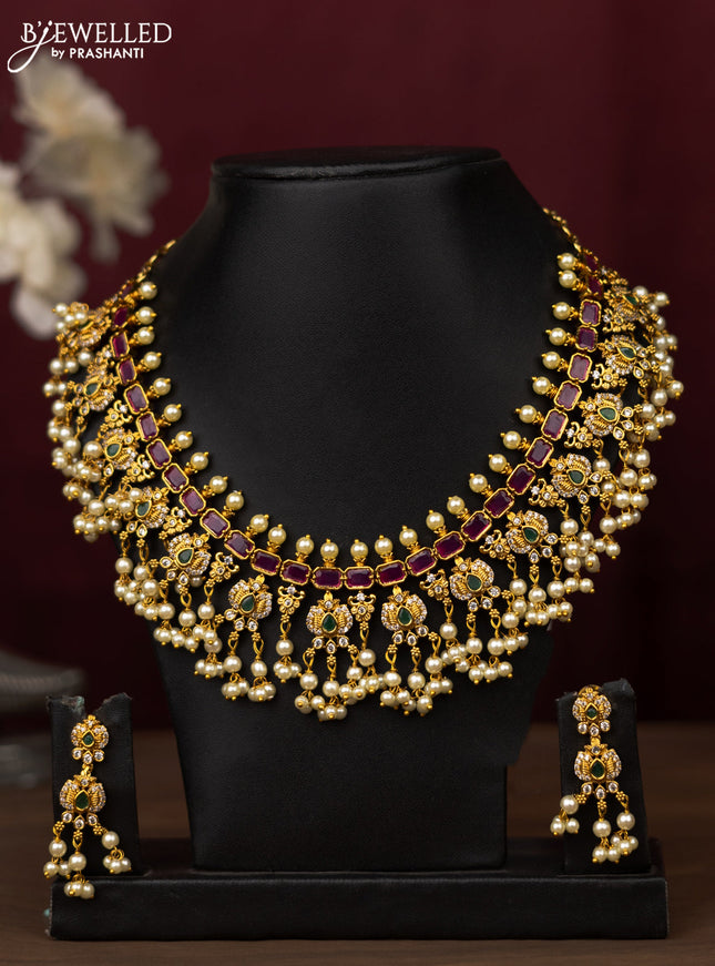 Antique guttapusalu Necklace with kemp,cz stones and pearl hangings