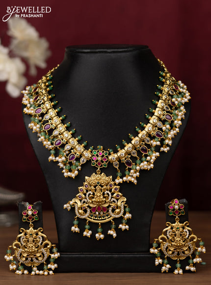 Antique guttapusalu Necklace lakshmi design with jadau ,kemp,cz stones and pearl hangings