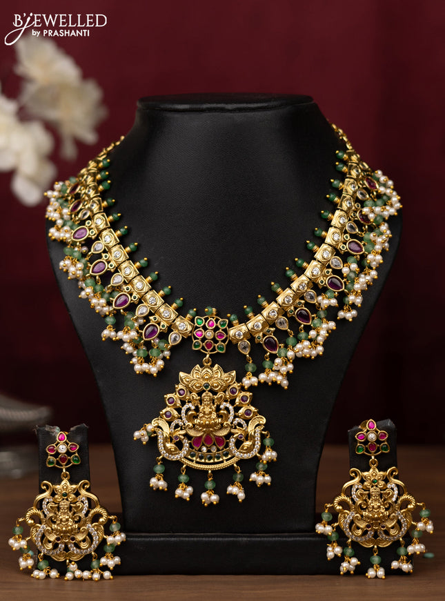 Antique guttapusalu Necklace lakshmi design with jadau ,kemp,cz stones and pearl hangings