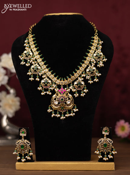 Antique guttapusalu Necklace floral design with kemp,cz stones and pearl hangings