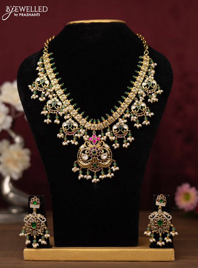 Antique guttapusalu Necklace floral design with kemp,cz stones and pearl hangings