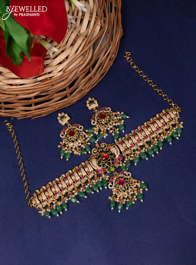Jadau Choker peacock design with jadau kundan ,emerald and cz stones and green beads and pearl hangings
