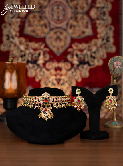 Jadau Choker peacock design with jadau kundan ,emerald and cz stones and gold beads and pearl hangings