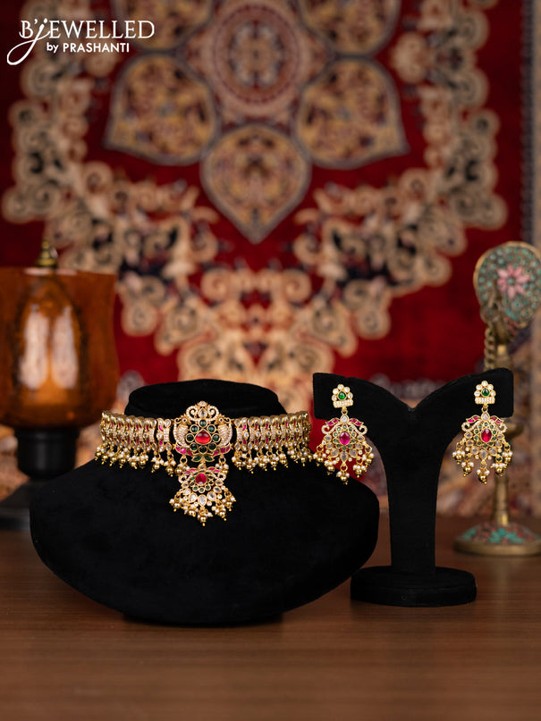 Jadau Choker peacock design with jadau kundan ,emerald and cz stones and gold beads and pearl hangings