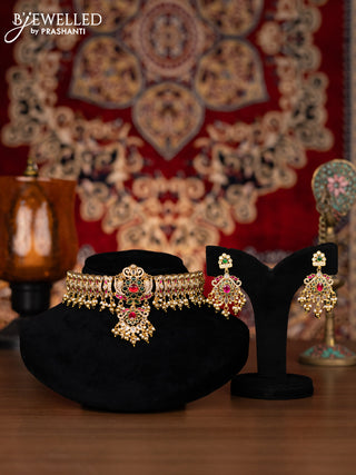 Jadau Choker peacock design with jadau kundan ,emerald and cz stones and gold beads and pearl hangings