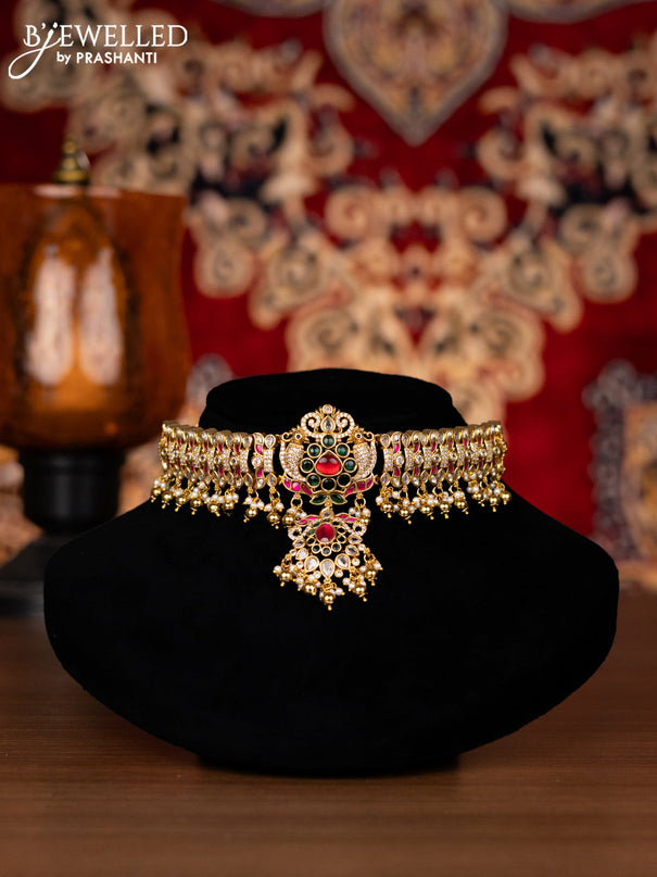 Jadau Choker peacock design with jadau kundan ,emerald and cz stones and gold beads and pearl hangings