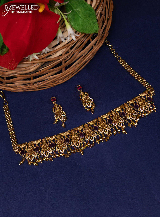 Antique choker lakshmi design with kemp,cz stones and gold beads hangings