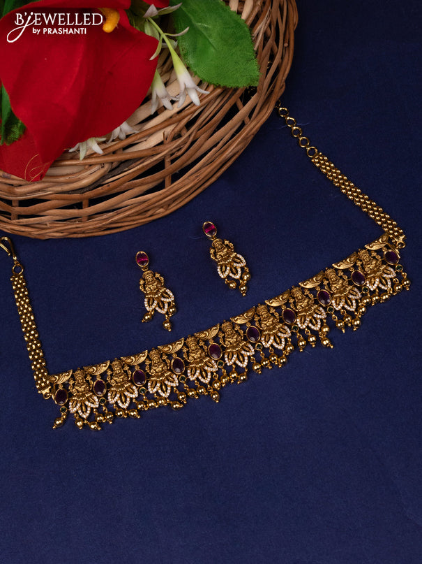 Antique choker lakshmi design with kemp,cz stones and gold beads hangings