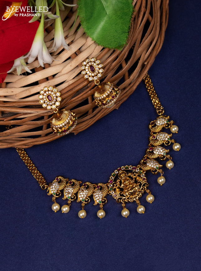 Antique choker lakshmi design with kemp,cz stones and pearl hangings