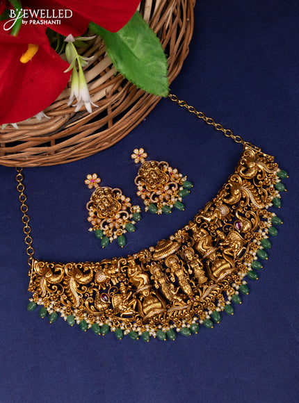 Antique choker ramar pattabhishekam with kemp,cz stones and green beads hangings