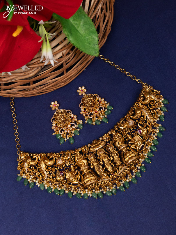 Antique choker ramar pattabhishekam with kemp,cz stones and green beads hangings