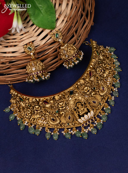 Antique choker lakshmi design with kemp,cz stones and green beads hangings