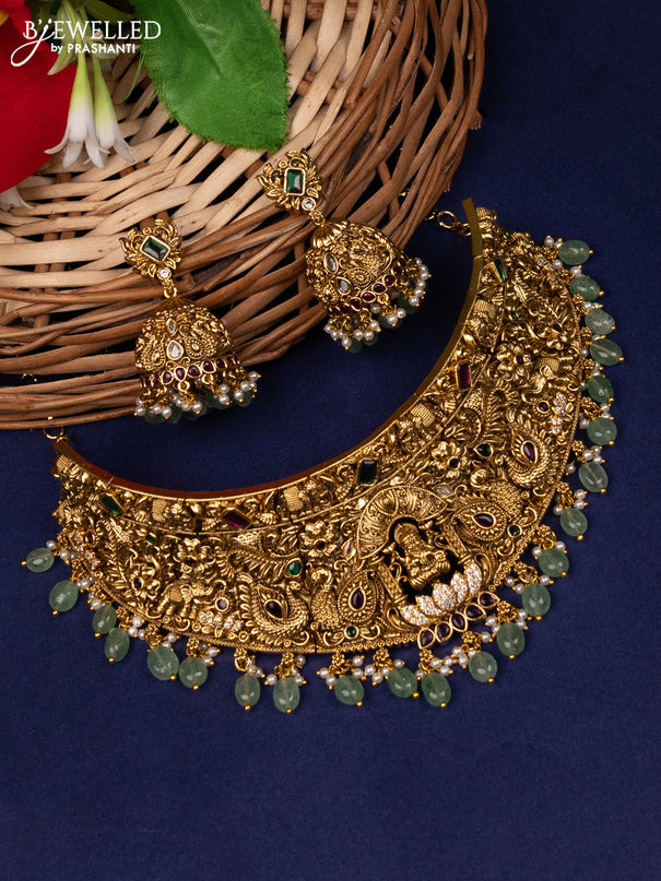 Antique choker lakshmi design with kemp,cz stones and green beads hangings