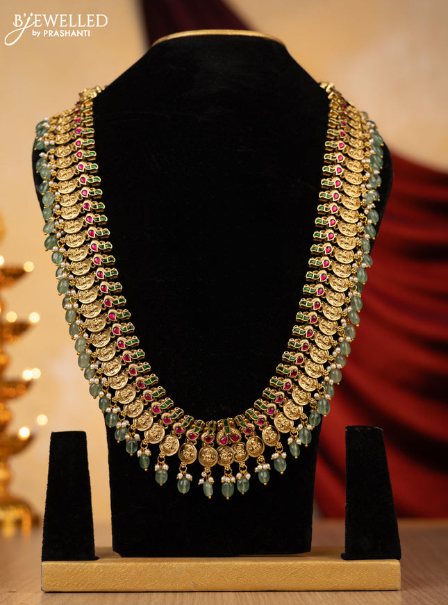 Jadau haaram kaasu lakshmi design with jadau kundan stones with natural beads hanging without earing