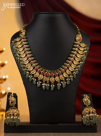 Jadau necklace kaasu lakshmi design with jadau kundan stones with natural beads hanging