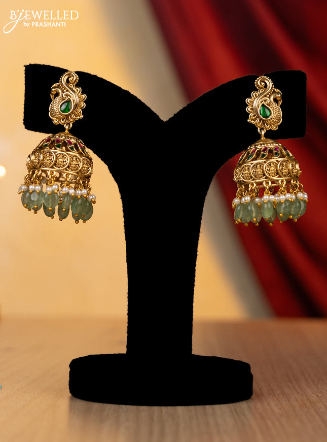 Jadau necklace kaasu lakshmi design with jadau kundan stones with natural beads hanging