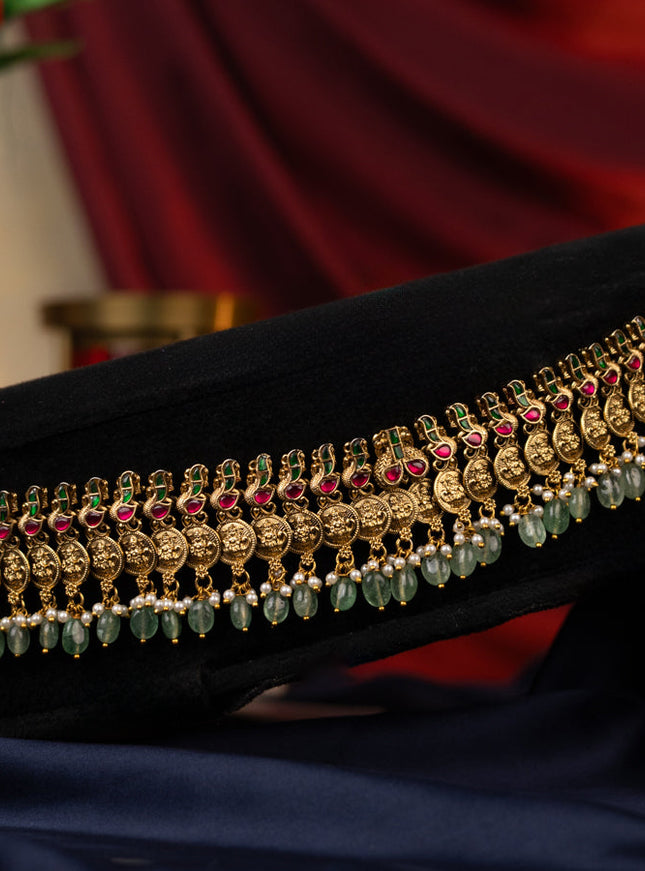 Antique jadau hip chain kaasu lakshmi design with jadau kundan stones with natural beads hanging