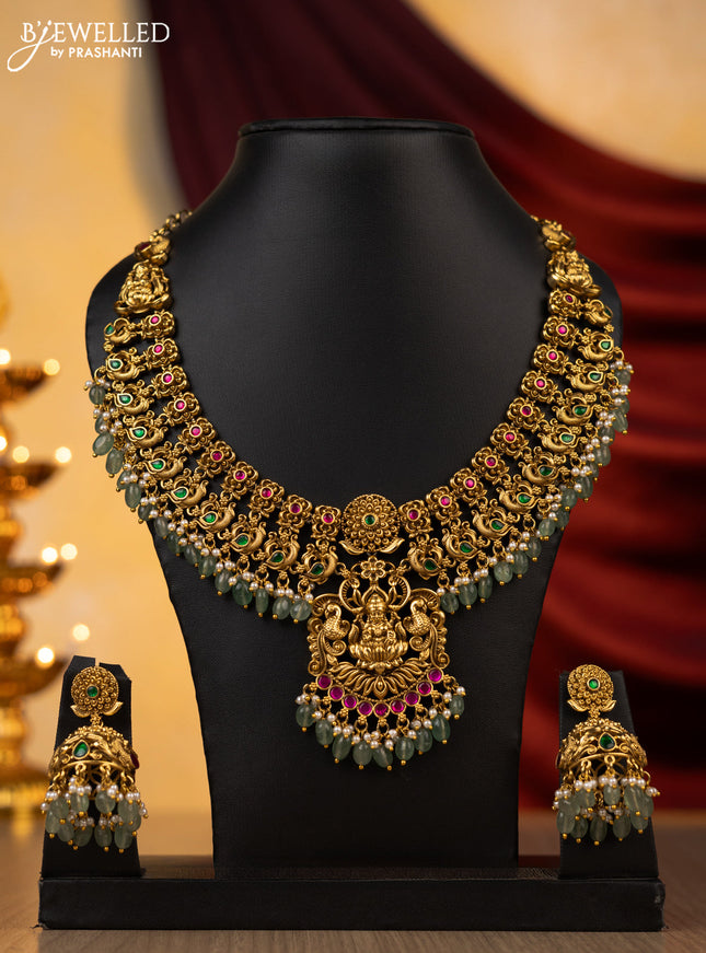 Jadau necklace lakshmi design with jadau kundan stones with natural beads hanging