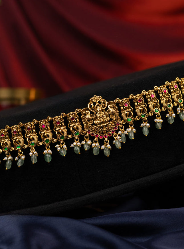 Antique jadau hip chain lakshmi design with jadau kundan stones with natural beads hanging