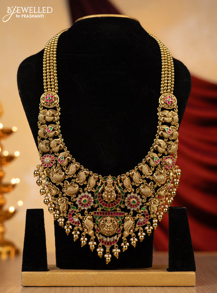 Jadau haaram lakshmi design with jadau kundan stones with natural beads hanging without earing