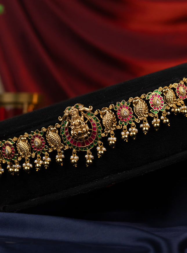 Antique jadau hip chain lakshmi design with jadau kundan stones with natural beads hanging