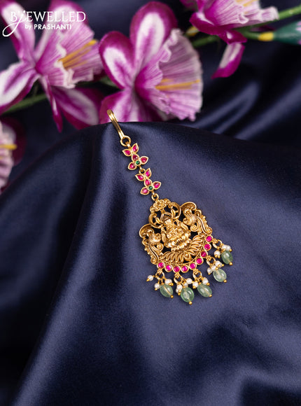 Antique maang tikka lakshmi design with kemp stones and pearl hangings