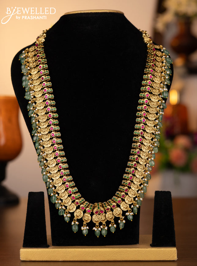 Antique haram lakshmi kasu design with jadau kundan stones and natural beads hangings