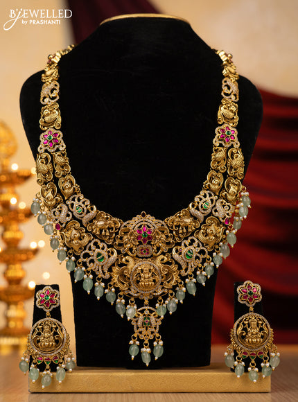 Jadau haaram lakshmi design with jadau kundan and cz stones with natural beads hanging