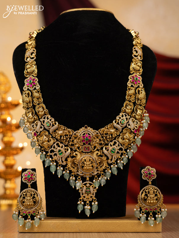 Jadau haaram lakshmi design with jadau kundan and cz stones with natural beads hanging