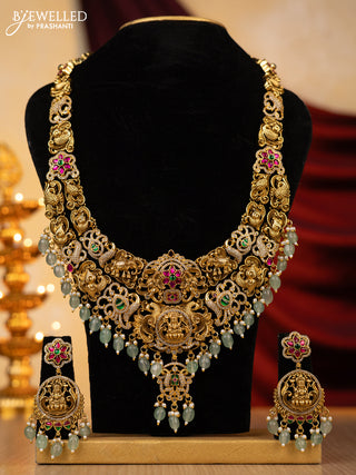 Jadau haaram lakshmi design with jadau kundan and cz stones with natural beads hanging