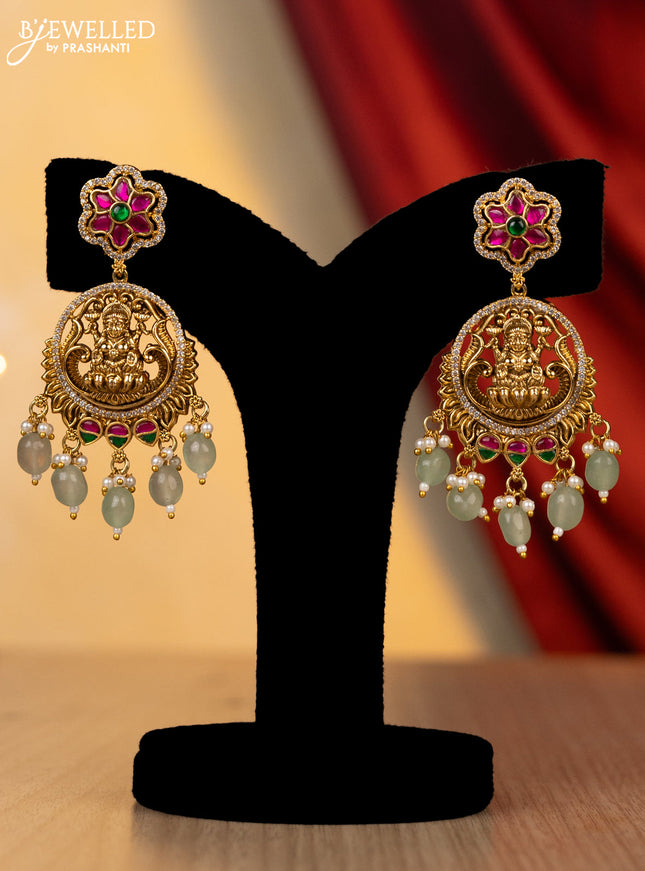 Jadau necklace lakshmi design with jadau kundan and cz stones with natural beads hanging