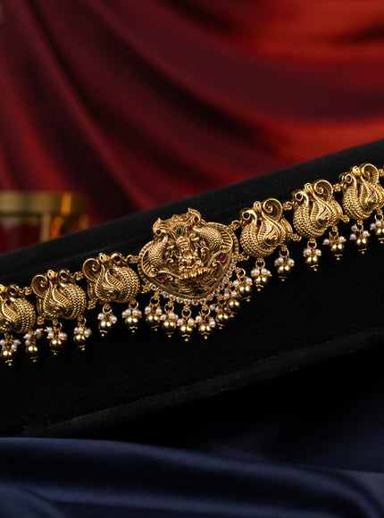 Antique jadau hip chain lakshmi design with jadau kundan stones with gold beads hanging