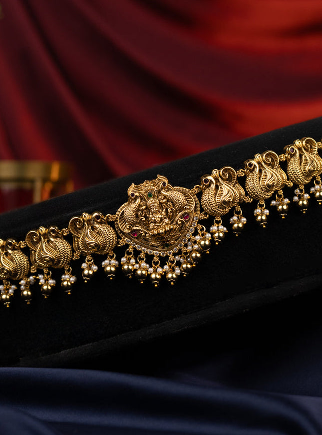 Antique jadau hip chain lakshmi design with jadau kundan stones with gold beads hanging