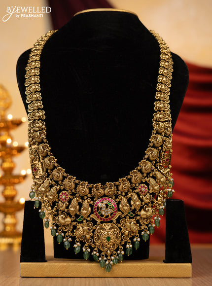 Jadau haaram peacock design with jadau kundan and cz stones with natural beads hanging without earing