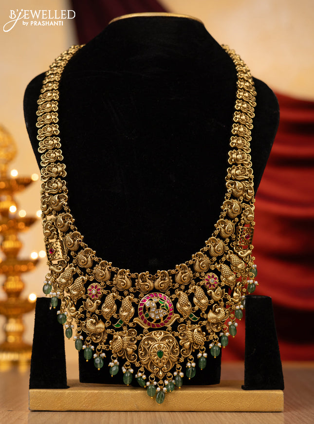 Jadau haaram peacock design with jadau kundan and cz stones with natural beads hanging without earing
