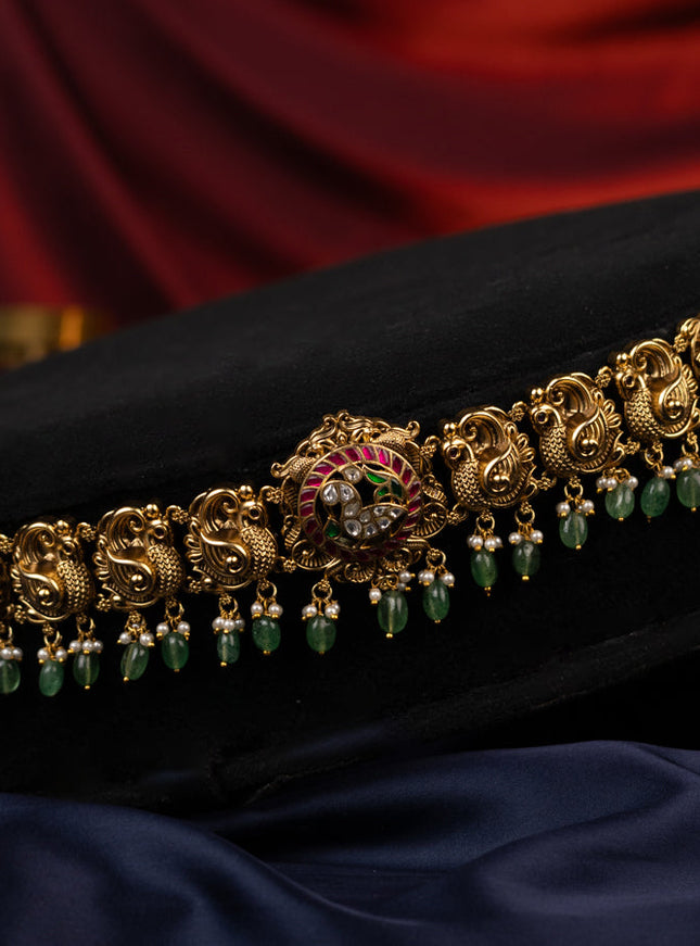 Antique jadau Hip Chain  peacock design with jadau kundan stones and natural beads hanging