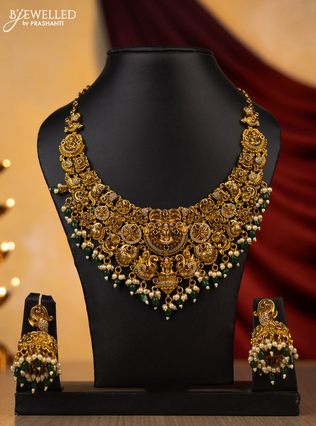Antique necklace lakshmi design with kemp,cz stone and green pearl beads hanging